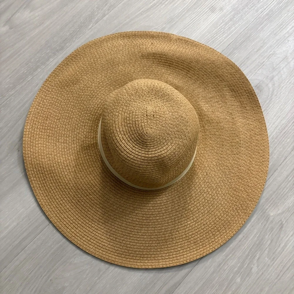 Express Hat Women Tan Oversized Floppy Straw Sun Hat Wide Brim Beach Vacation OS